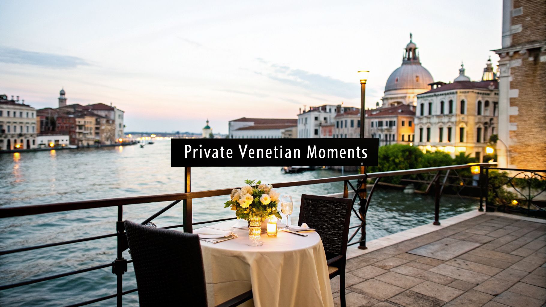 A romantic private dinner table for two on a balcony overlooking the Grand Canal in Venice at dusk.