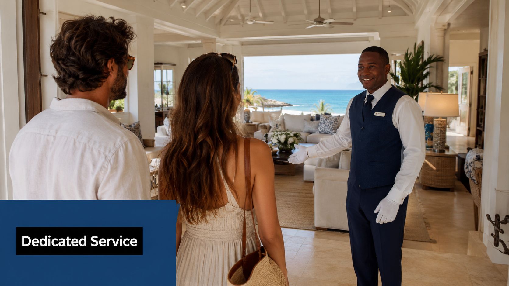 A smiling butler in uniform welcomes a couple into a luxury villa overlooking the Caribbean ocean.