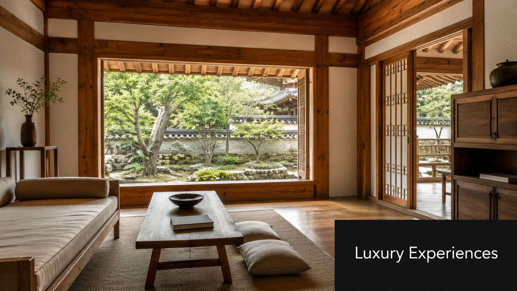 A serene traditional Korean hanok room featuring minimalist wooden furniture and a view of a lush garden.
