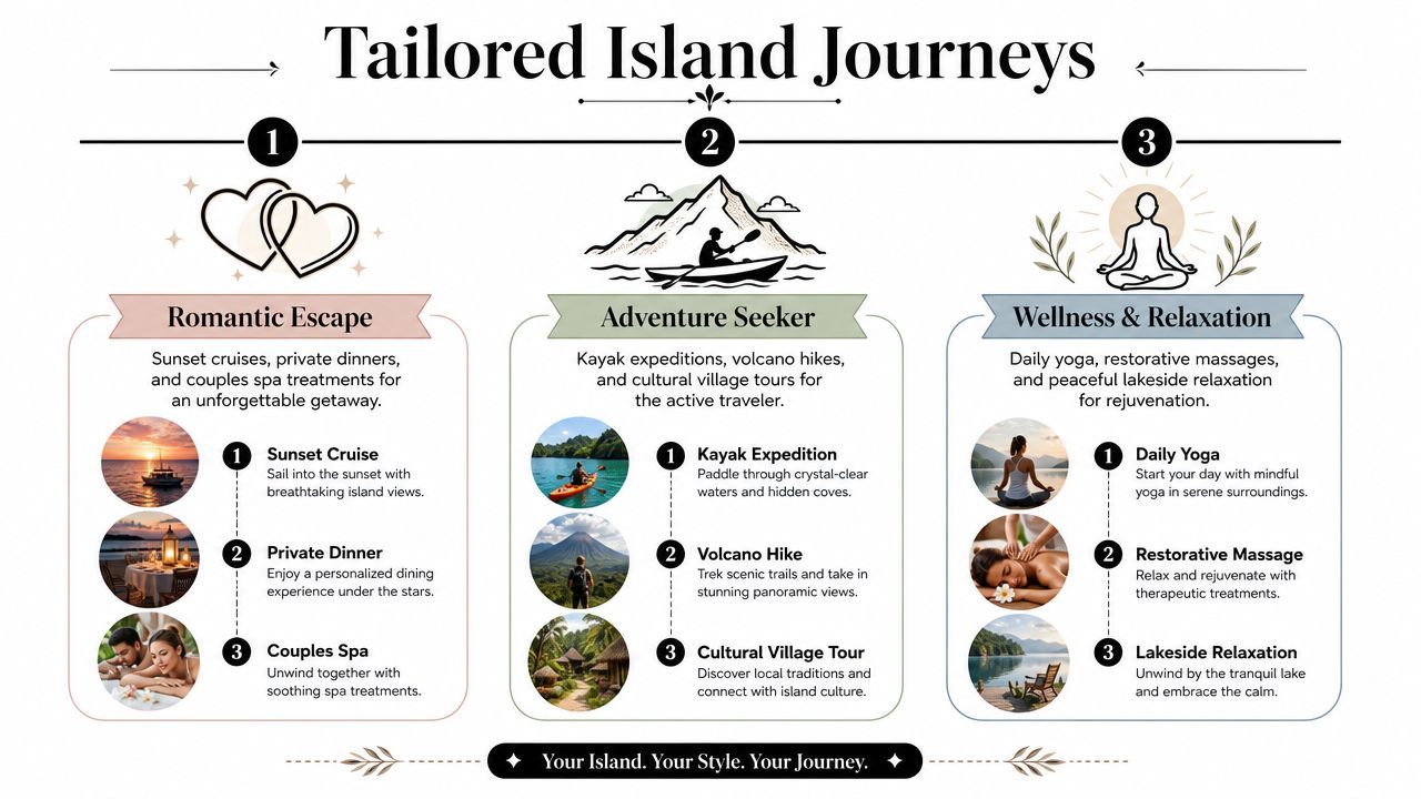 A travel brochure illustration showcasing three tailored island journey options: Romantic Escape, Adventure Seeker, and Wellness Relaxation.