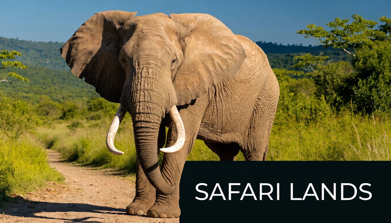 A majestic African elephant walks along a dirt path in a sunny, green savanna landscape.