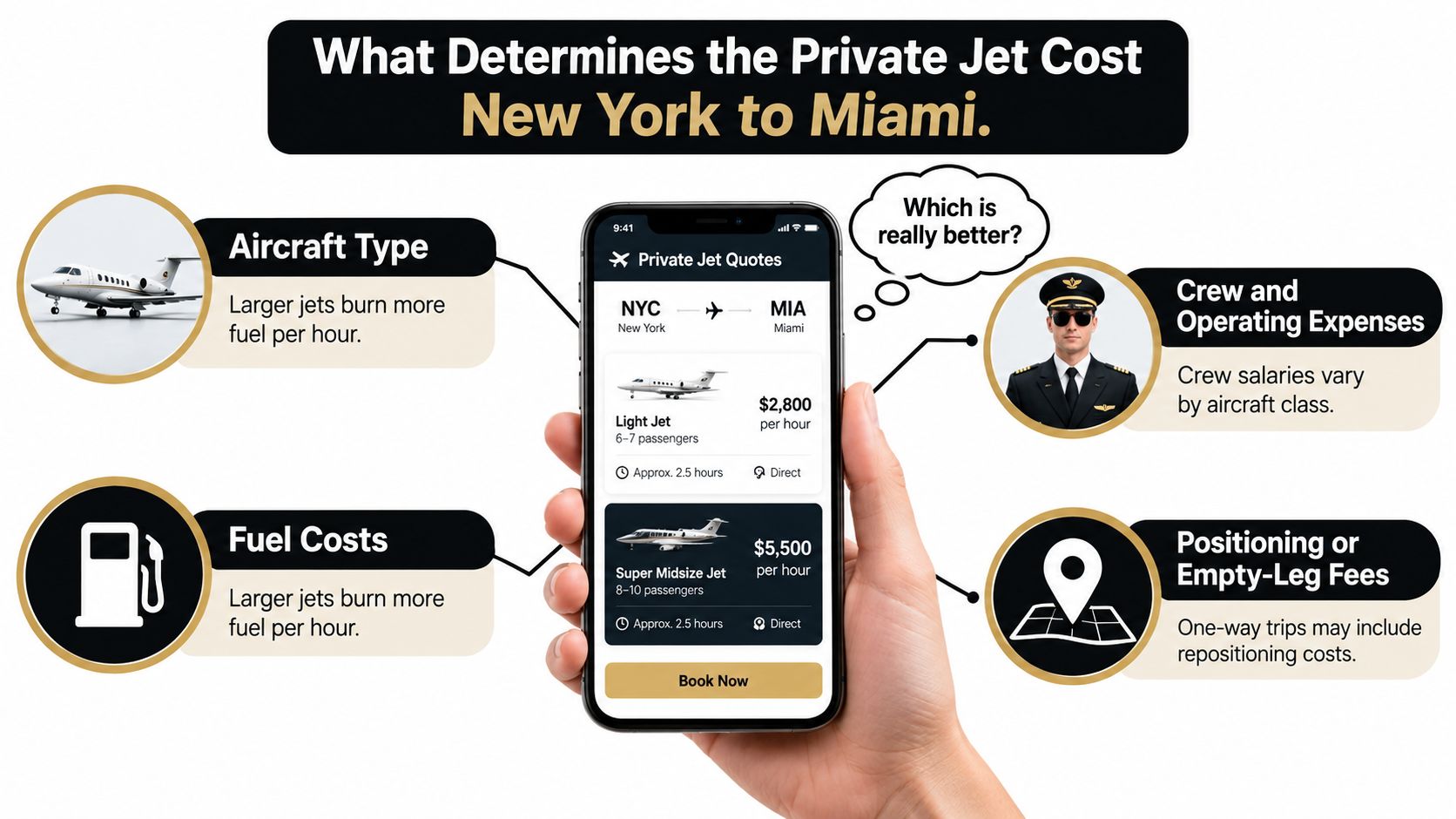 An infographic showing factors affecting private jet costs between New York and Miami displayed on a mobile phone.