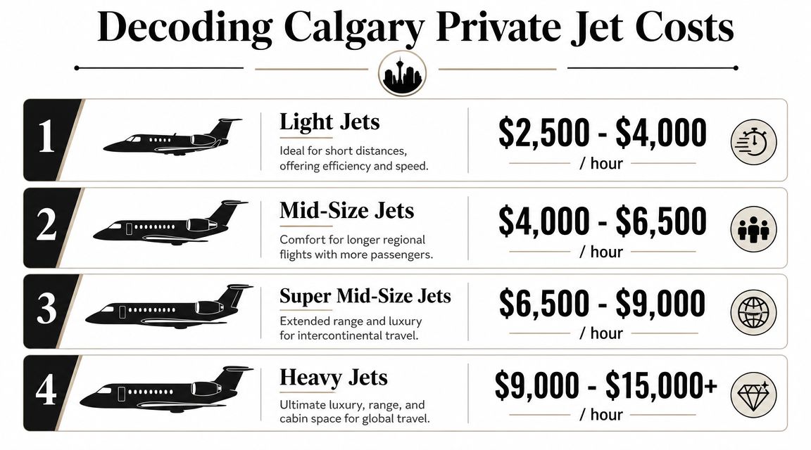 A chart showing the hourly rental costs for different sizes of private jets in Calgary.