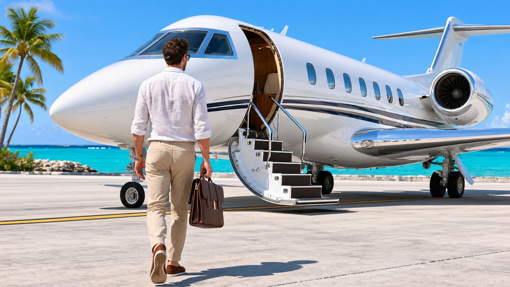 A man in business casual clothing carrying a briefcase walks toward a private jet on a tarmac.