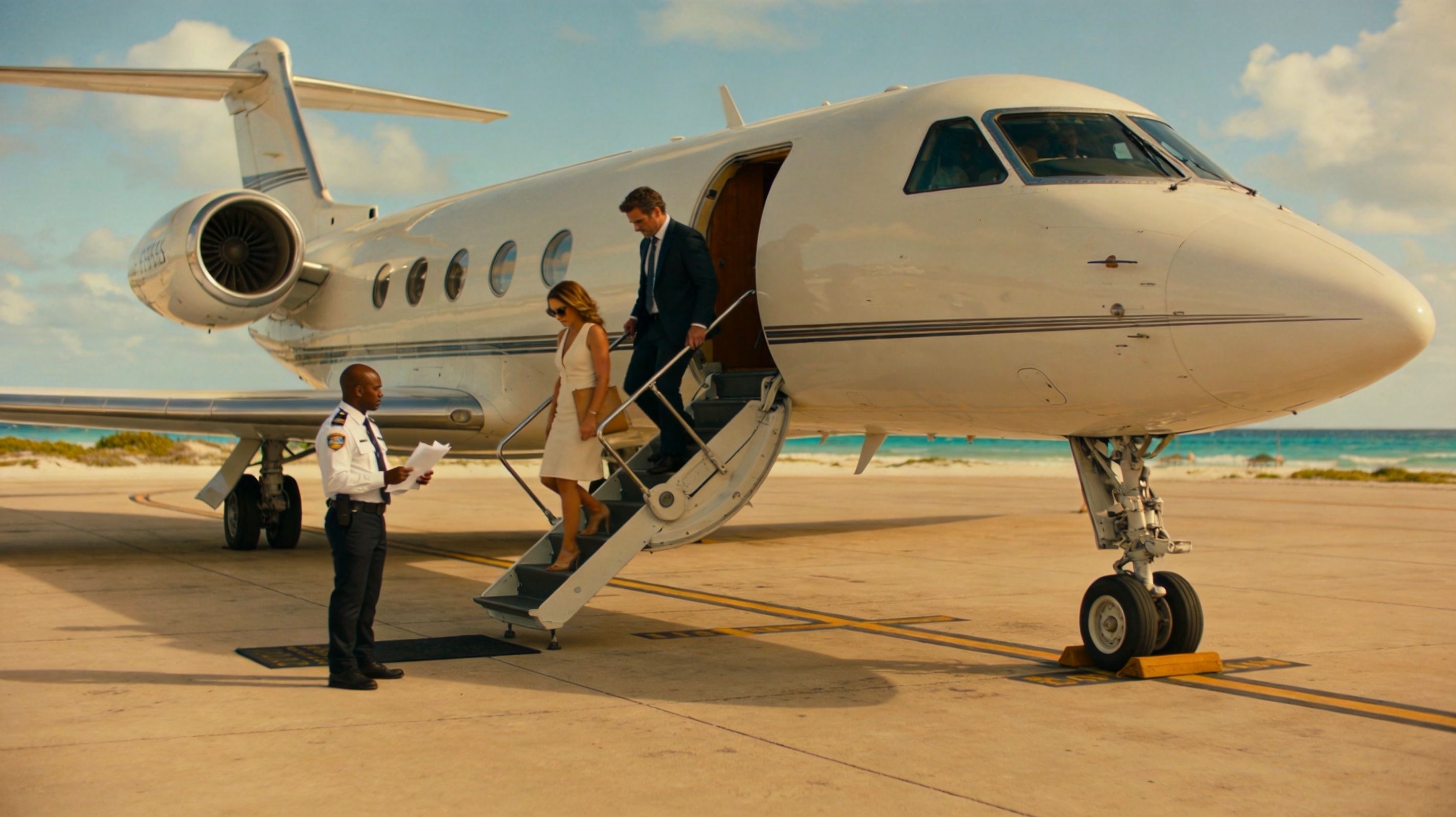 A man and woman disembarking from a private jet while a ground agent reviews documents on the tarmac.