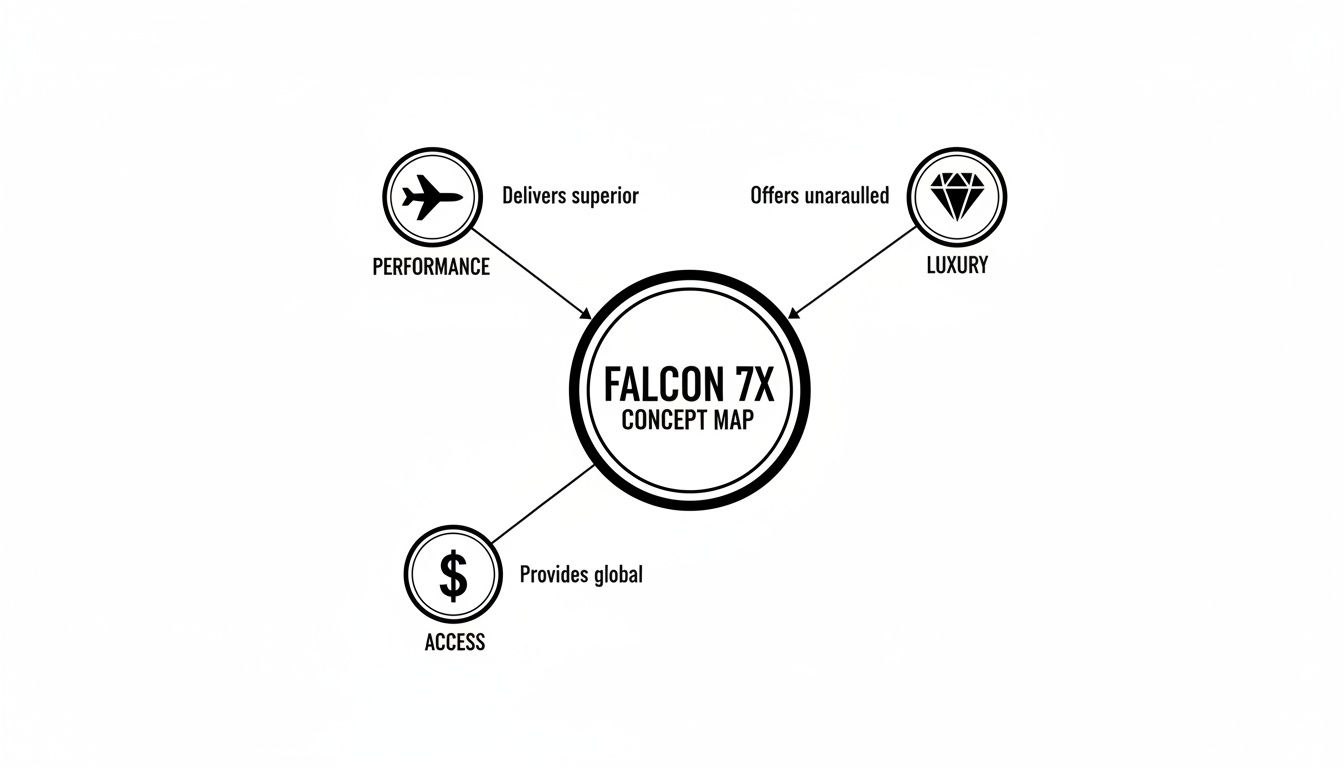 A concept map for Falcon 7X showcasing superior performance, unparalleled luxury, and global access.