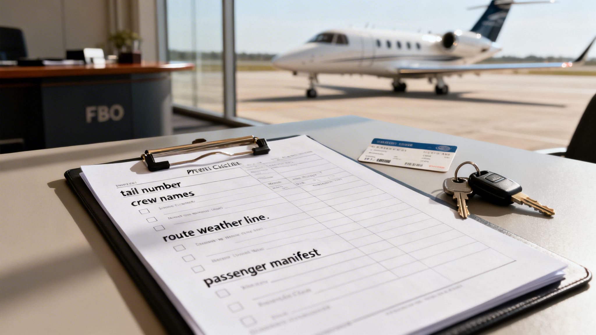 A pre-flight checklist, keys, and a boarding pass on a desk at a private jet terminal with an aircraft outside.