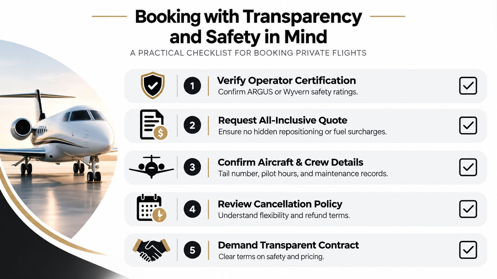 A checklist for booking private flights, outlining five essential steps for ensuring safety, transparency, and clarity.