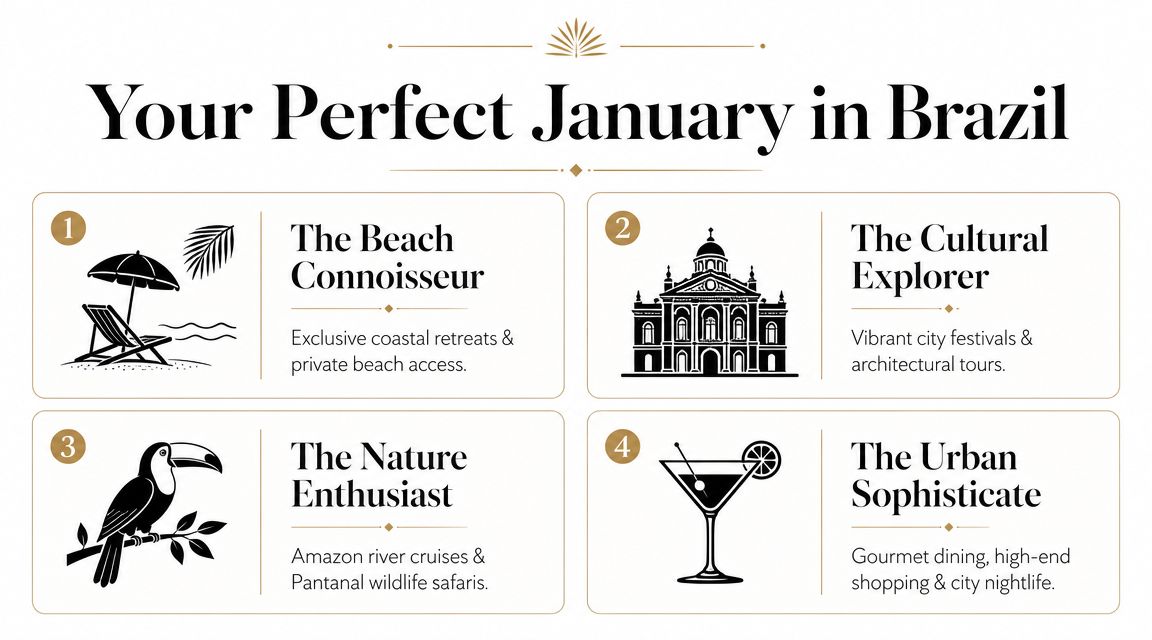 An infographic titled Your Perfect January in Brazil, outlining four unique travel experiences for visitors.