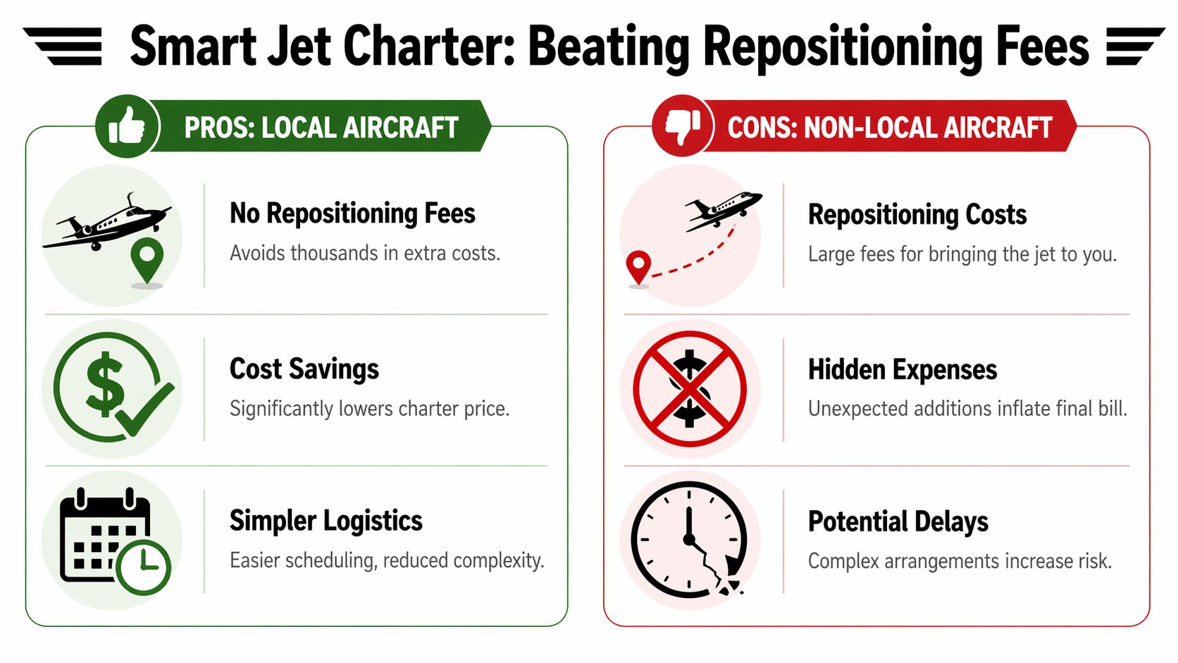 A comparison chart highlighting the benefits of choosing local private jets over non-local aircraft to avoid extra costs.