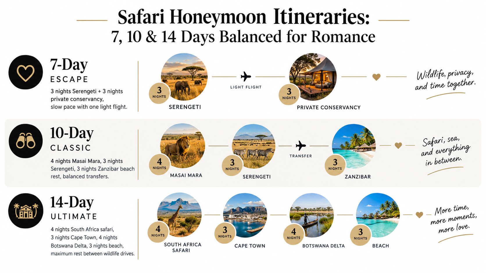 A visual guide illustrating 7, 10, and 14-day luxury safari honeymoon travel itineraries with destination details.