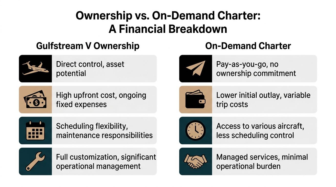 A comparison chart outlining the financial and operational differences between Gulfstream V ownership and on-demand charter services.