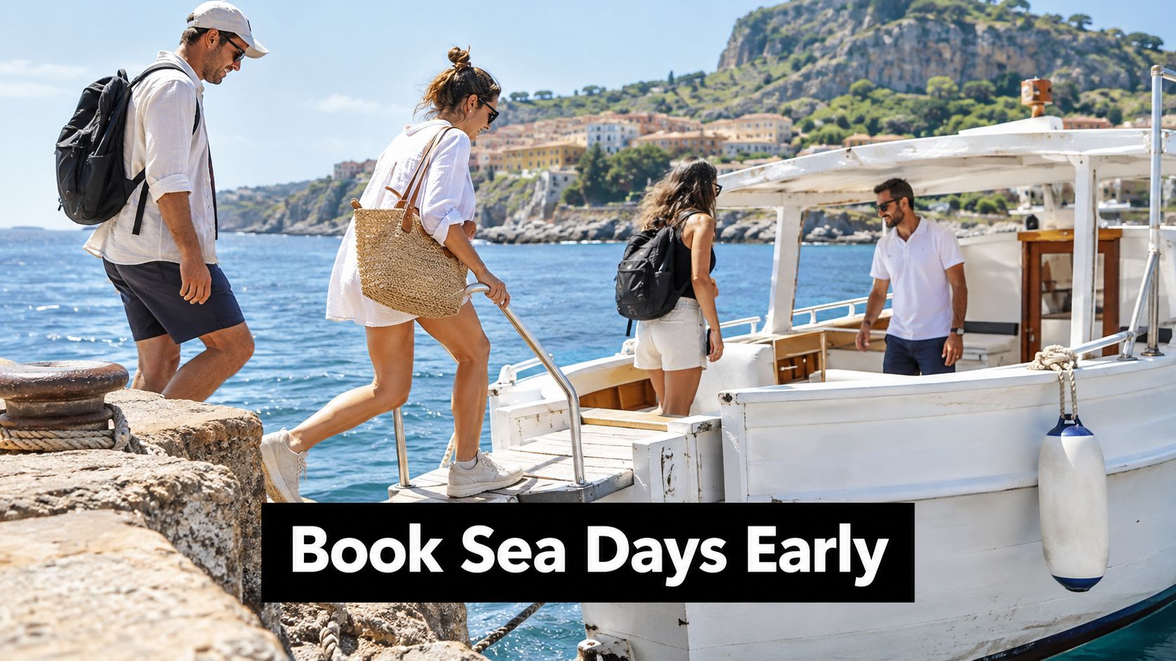 A group of young adults boarding a white boat at a scenic Mediterranean seaside town in Sicily.