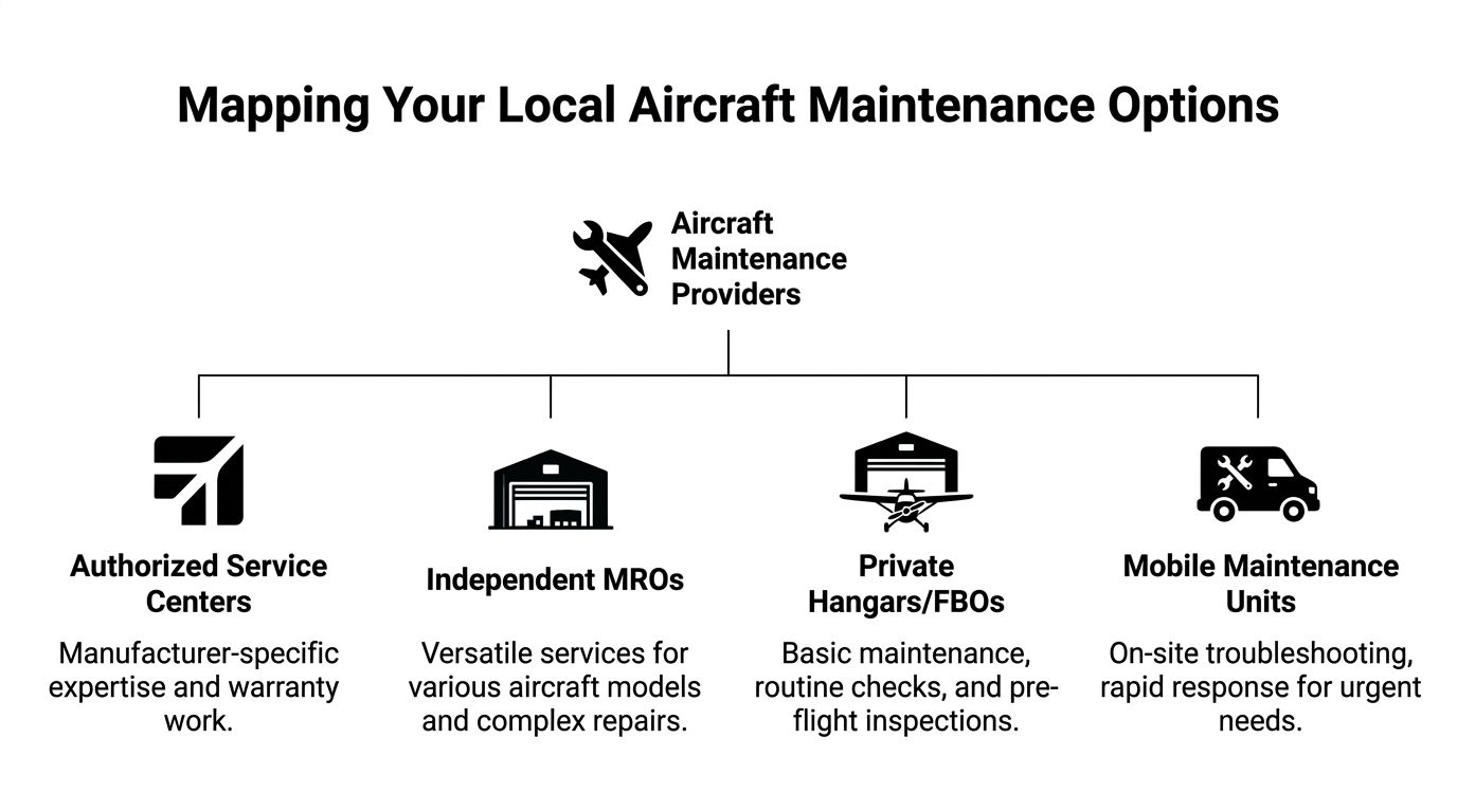 A chart illustrating four local aircraft maintenance providers including service centers, independent MROs, hangars, and mobile units.