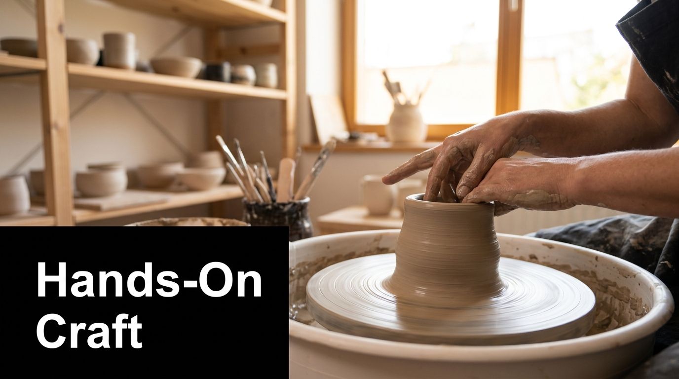 A potter shaping a clay vase on a spinning wheel in a bright workshop studio | HauteBlack
