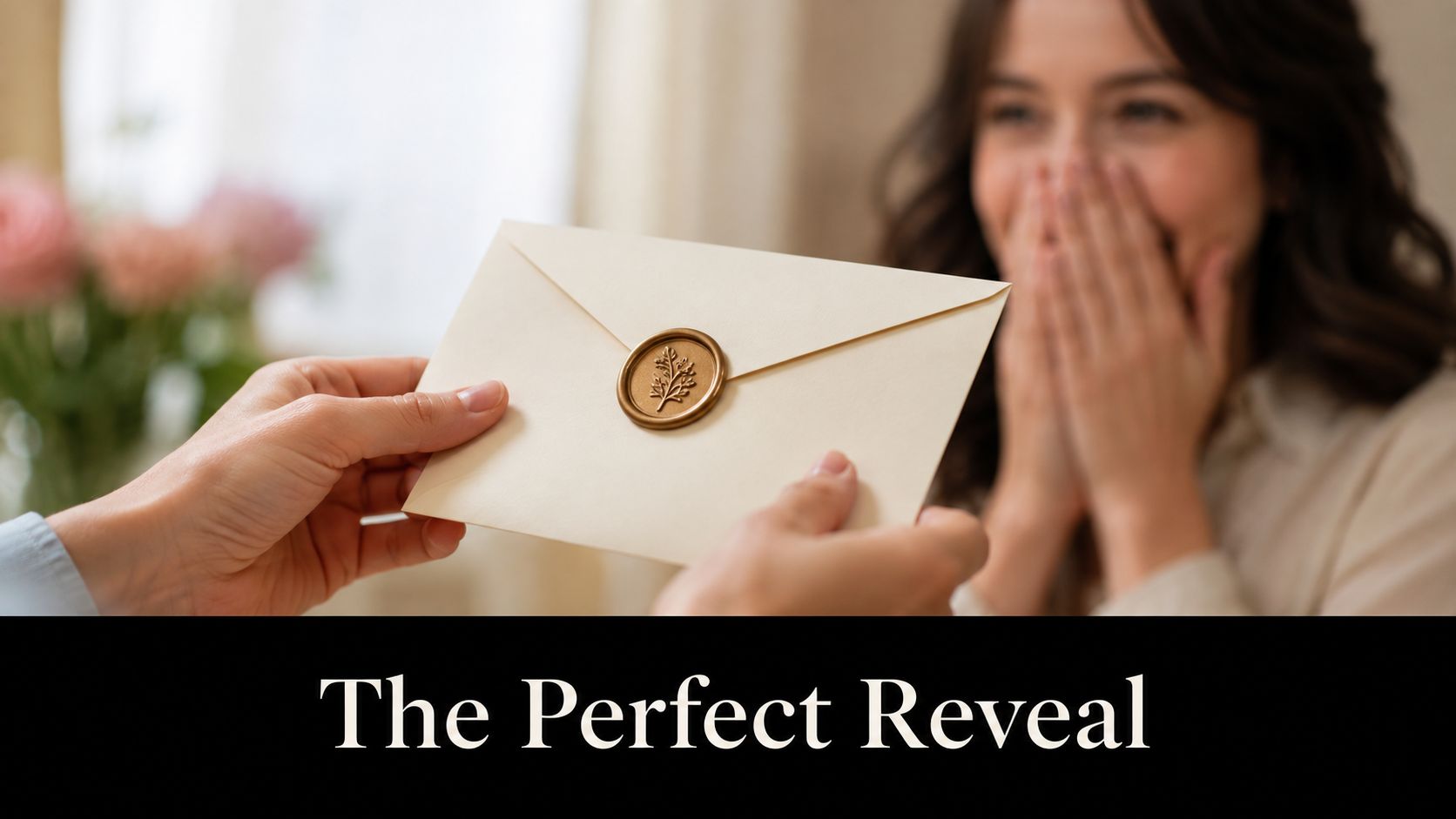 A person hands a sealed envelope to a woman who covers her face in joyful surprise