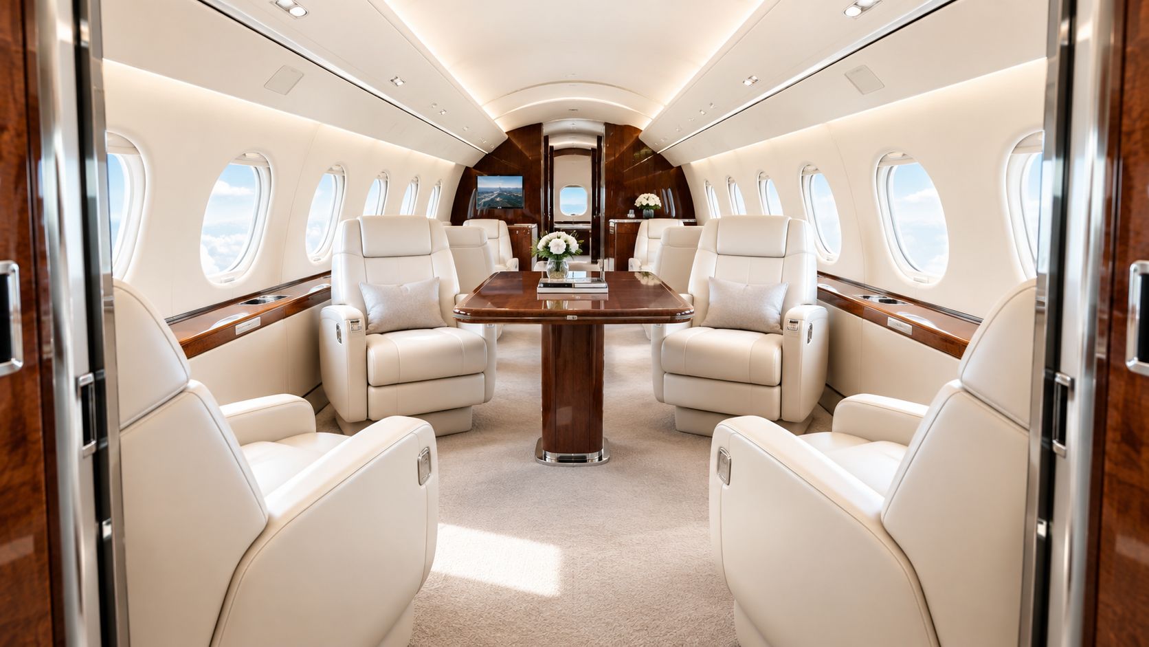 Luxurious white leather seats arranged in a spacious private plane cabin with a mahogany table.