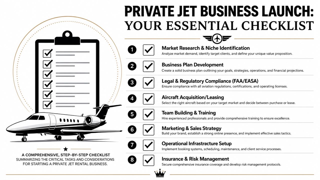 A professional infographic outlining eight essential steps to launch a successful private jet rental business venture.