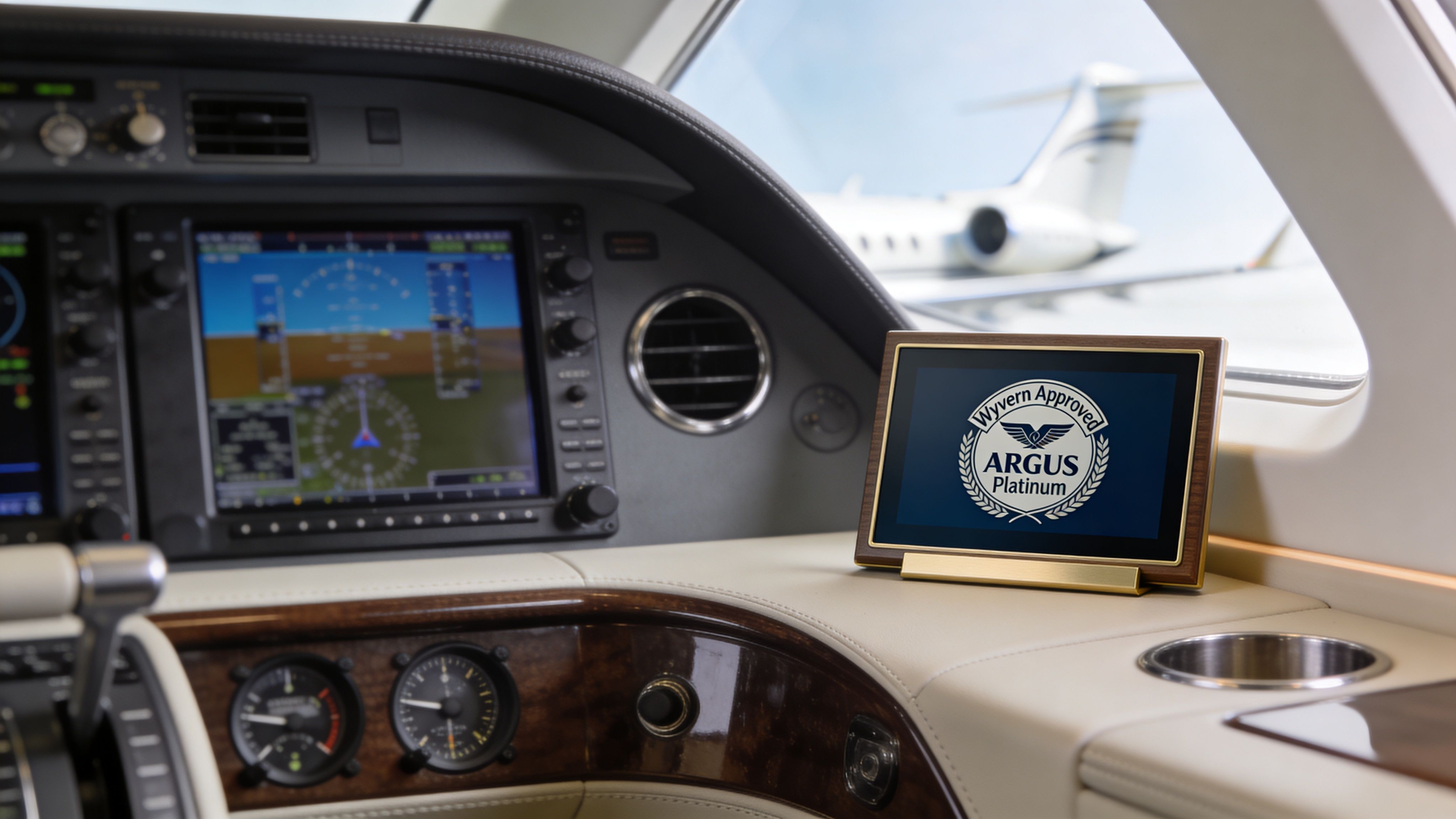Inside the cockpit of a private jet showing flight instruments and an Argus Platinum certification display.