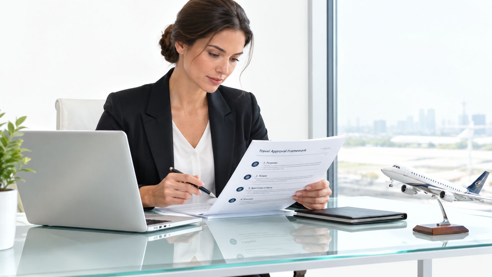 A professional businesswoman reviewing a travel approval framework document while sitting at her office desk.