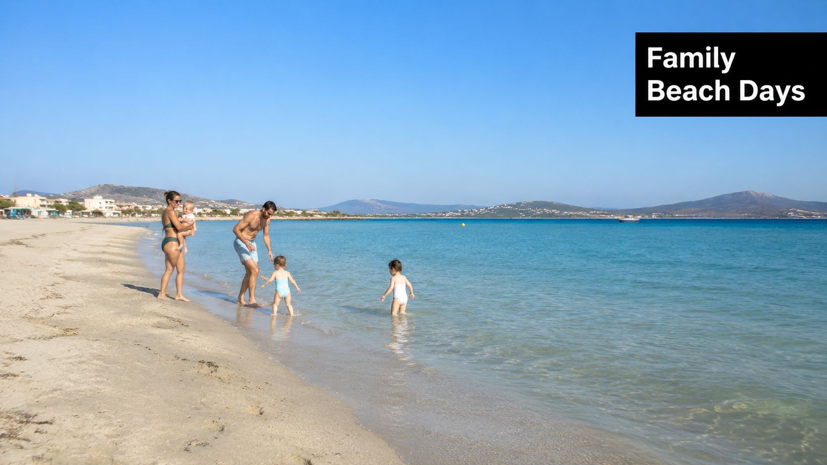 A family of four enjoying a sunny day at a beautiful sandy beach in Greece.