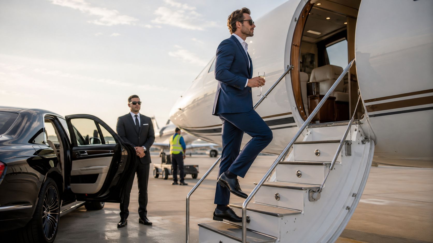 A wealthy man in a suit boarding a private jet while a chauffeur waits by his luxury car.