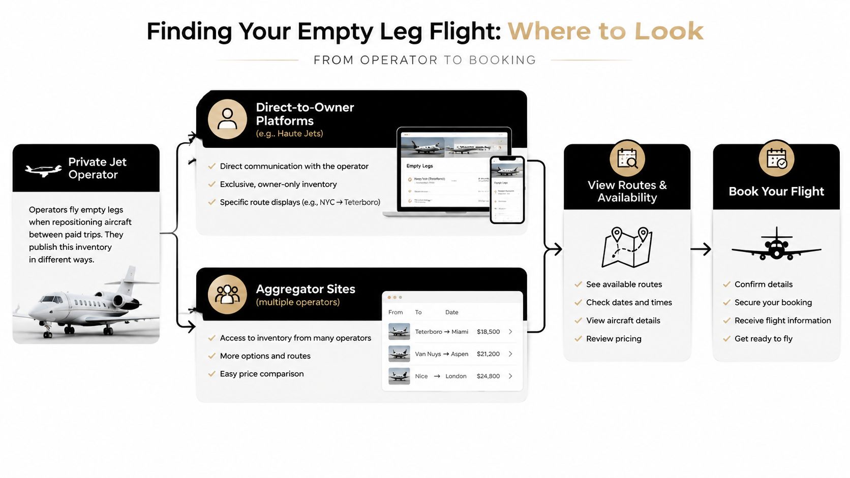 An infographic showing the two ways to book empty leg private jet flights via operators or aggregators.