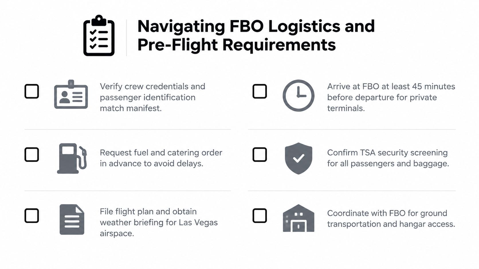 A checklist titled Navigating FBO Logistics and Pre-Flight Requirements for private aviation travel preparation.