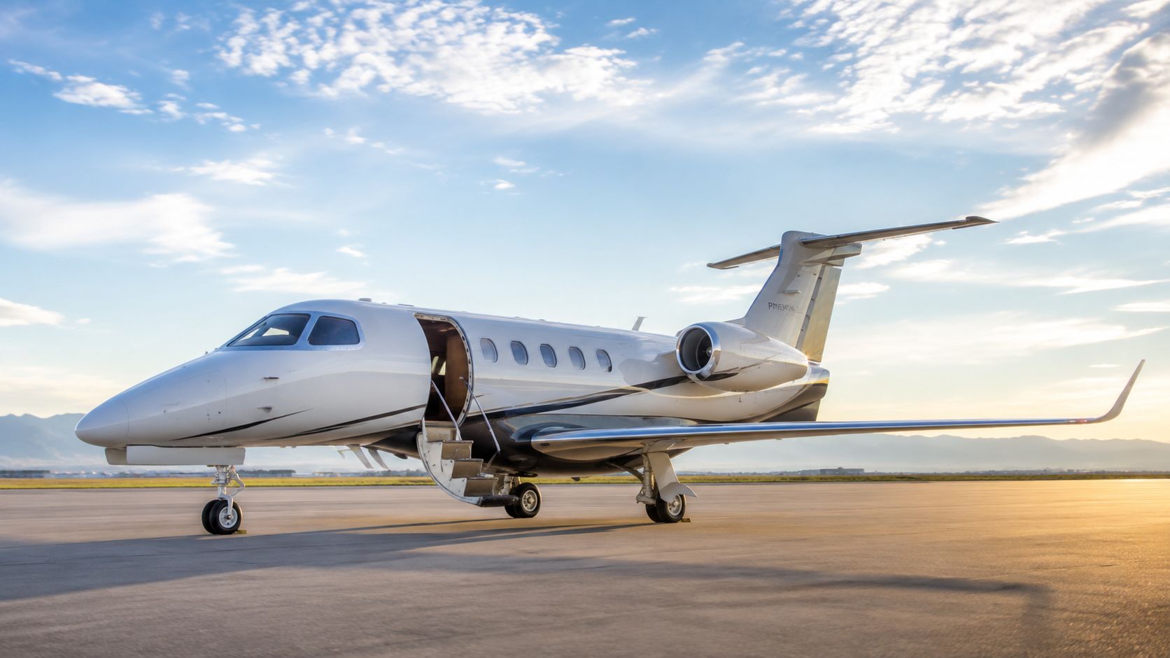 A luxurious white private jet parked on an airport tarmac against a beautiful sunset sky.