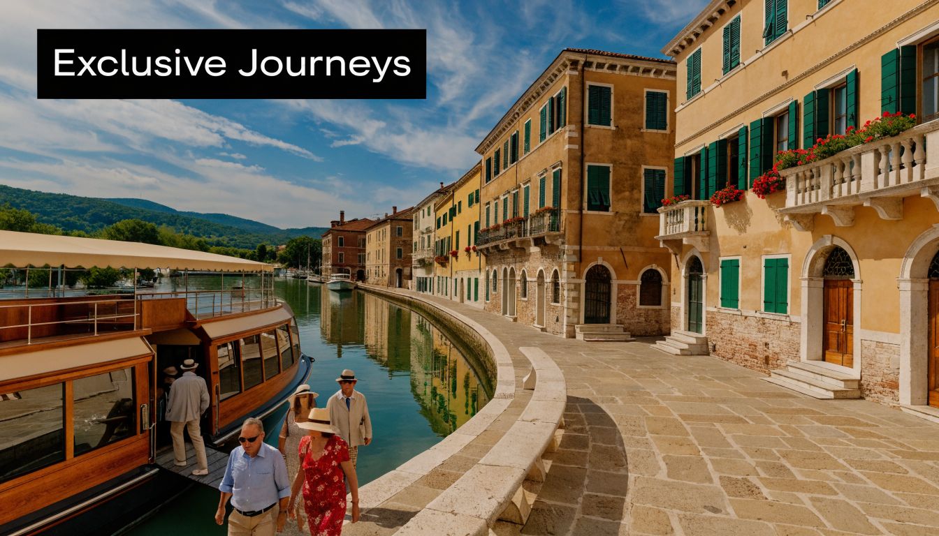 Tourists walking along a stone embankment beside a river cruise boat docked in an Italian town