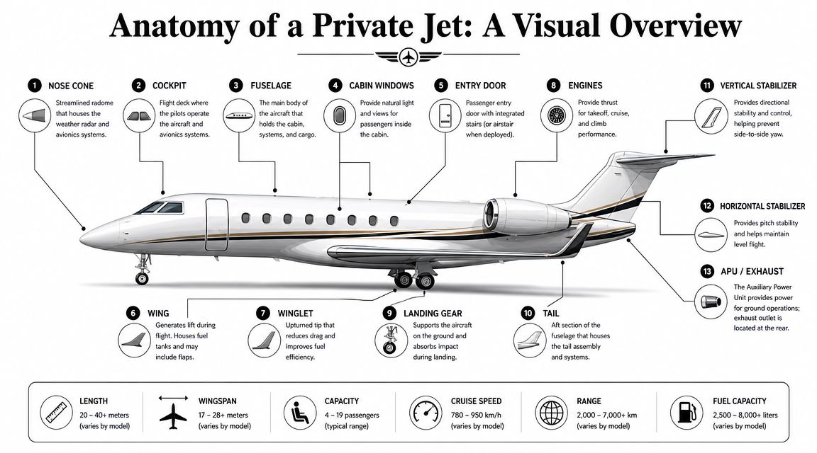 A detailed technical anatomy diagram of a private jet with labeled components and performance specifications.