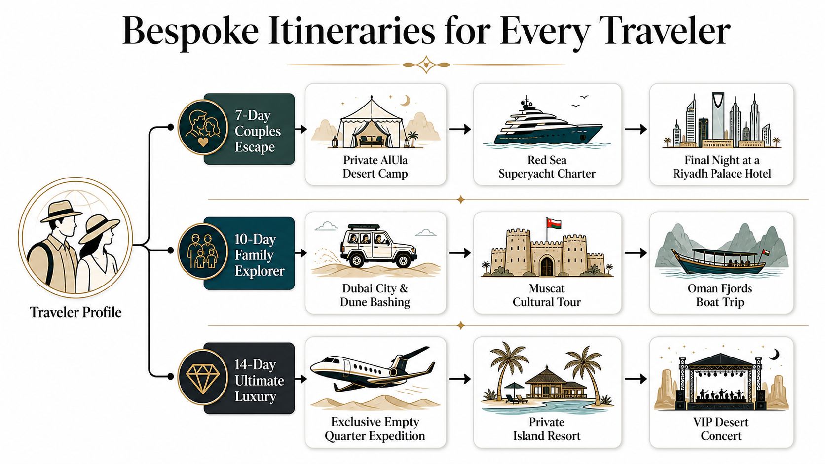 An infographic showing three distinct luxury travel itineraries in the Middle East for different types of travelers.