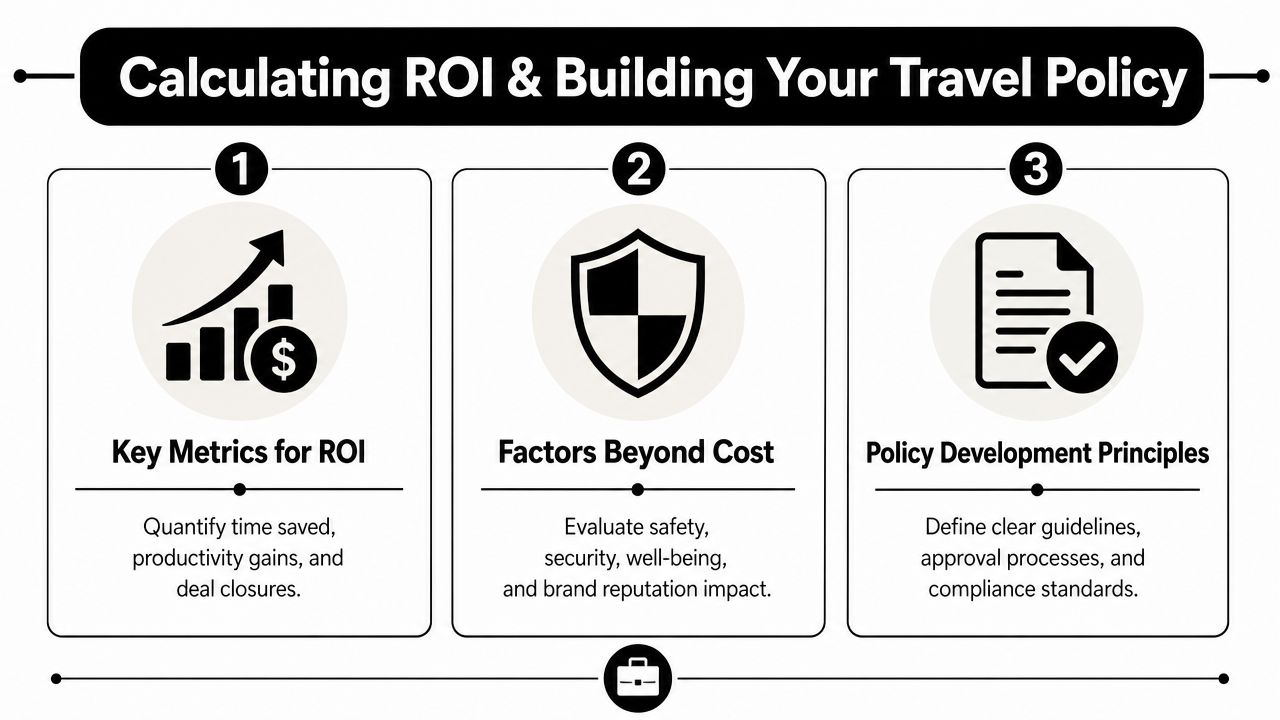 An infographic titled Calculating ROI & Building Your Travel Policy outlining three key business travel strategy steps.
