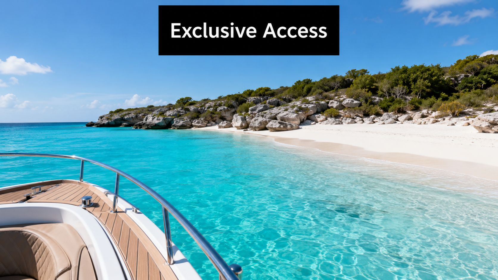 A view from the bow of a luxury boat approaching a pristine white sand beach in Turks and Caicos.