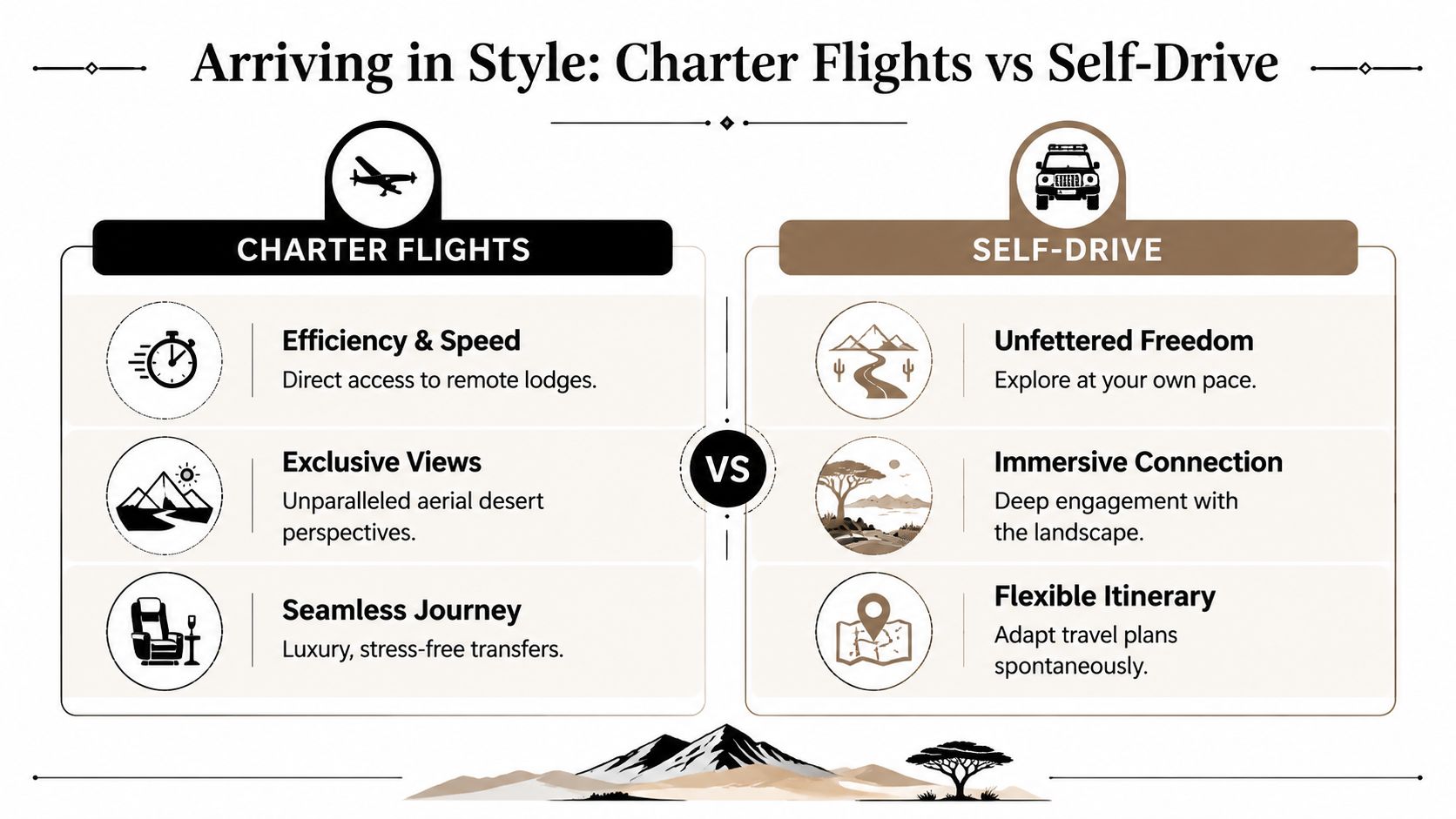 A comparison infographic between charter flights and self-drive travel options for visiting the Namib desert.