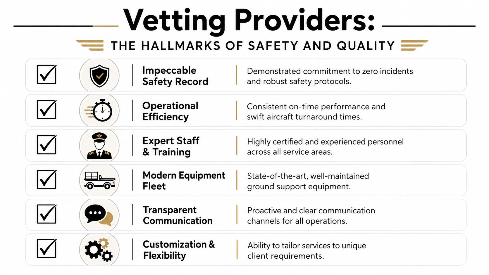 A professional infographic outlining six key hallmarks for vetting aviation ground handling service providers effectively.