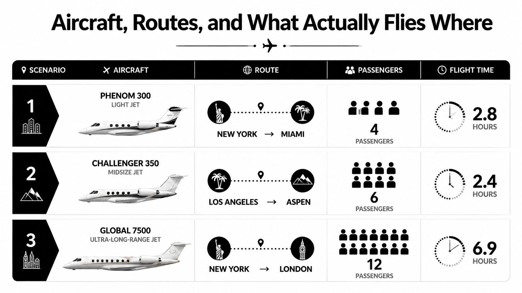 A comparison chart showing aircraft types, routes, passenger counts, and flight durations for private jet travel scenarios.