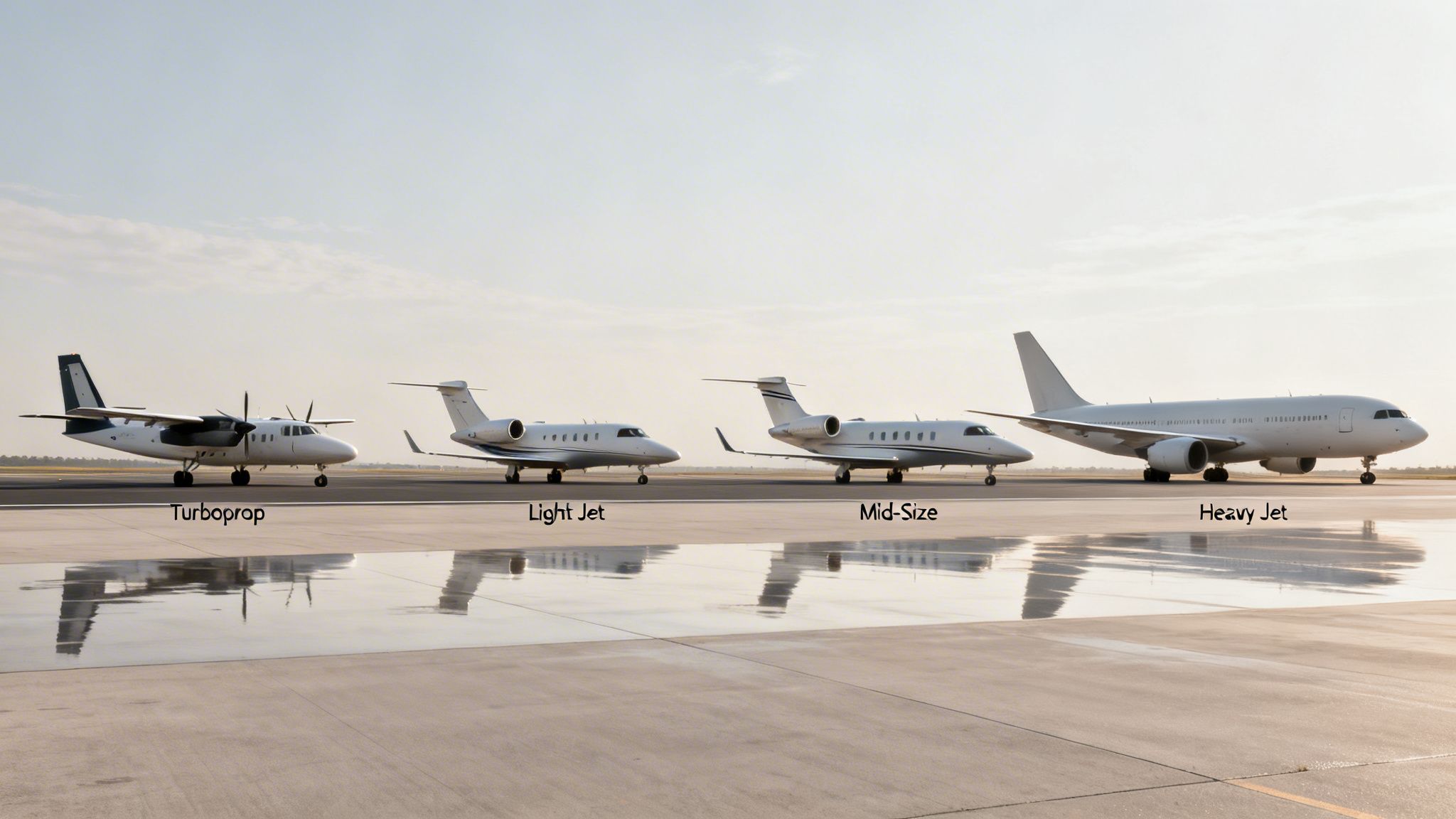 Four private jets of different sizes (Turboprop, Light, Mid-Size, Heavy) lined up on an airport tarmac.