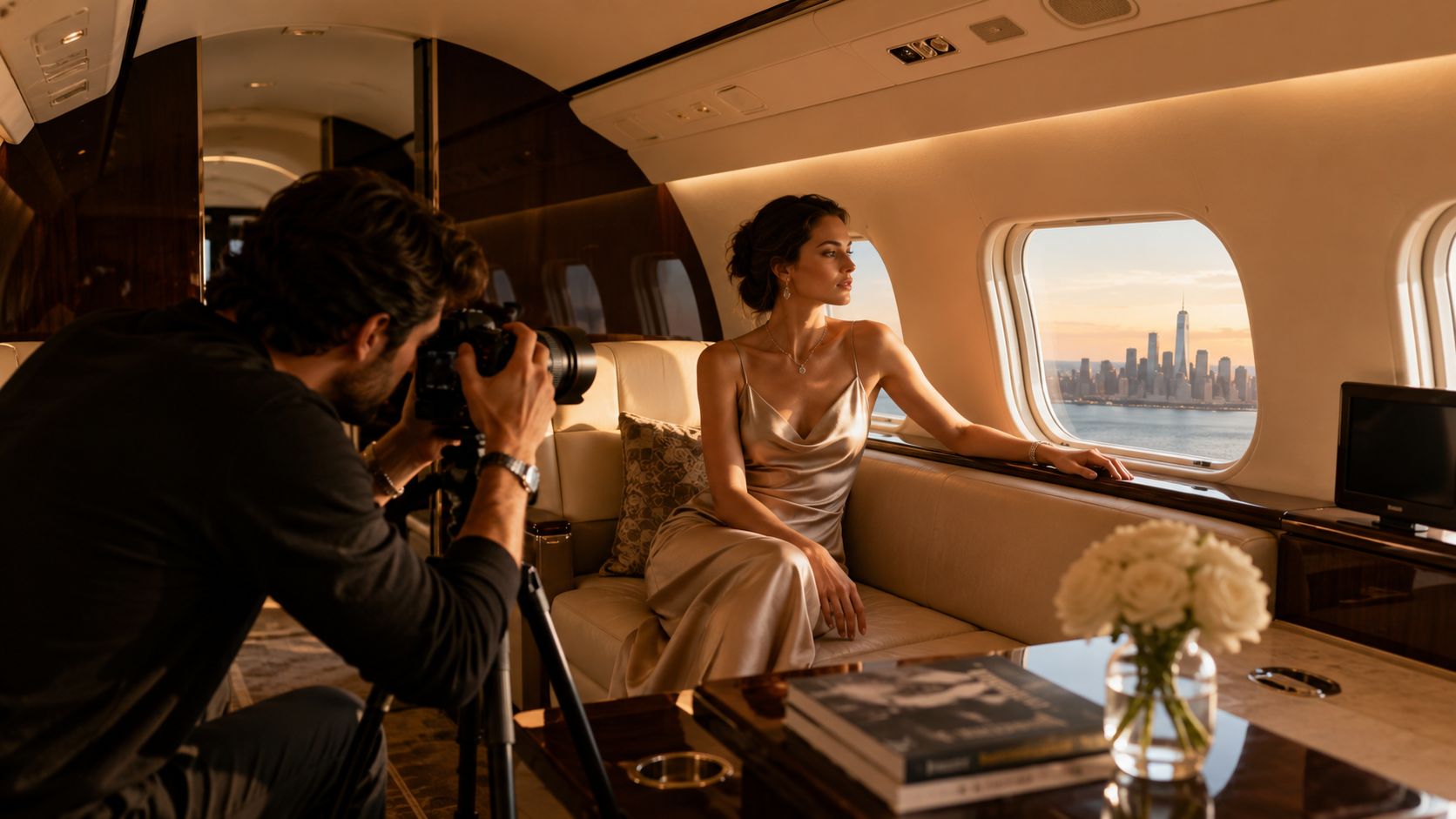 A professional photographer captures a stylish woman in a satin dress inside a luxury private jet.