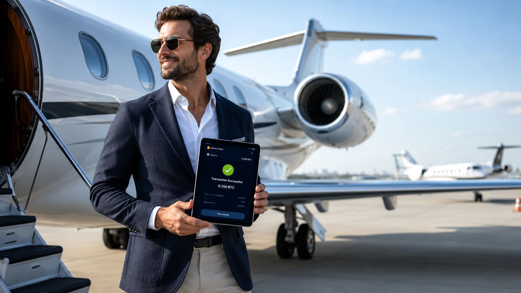 A stylish man in a suit holding a tablet showing a successful Bitcoin transaction in front of a private jet.