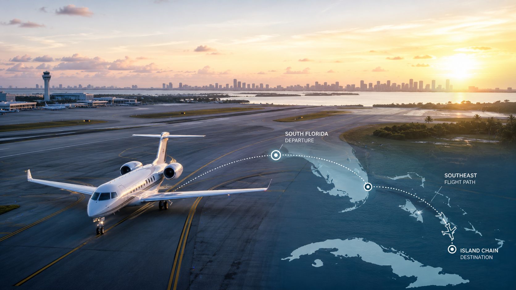A private jet on a runway with a map graphic showing a flight path from Florida to Bahamas.
