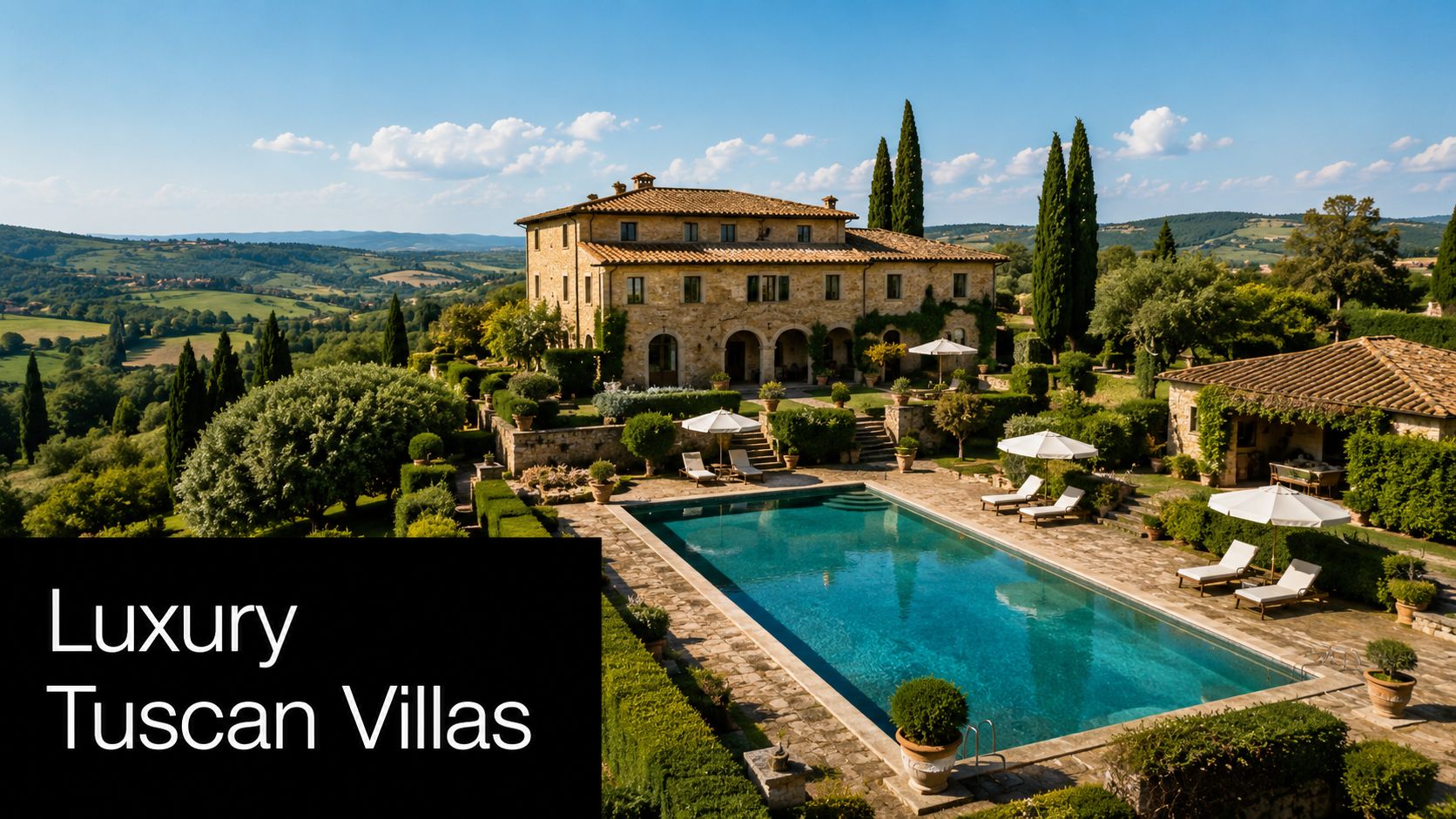 A stunning stone villa in Tuscany featuring a large swimming pool overlooking rolling hills and landscapes.