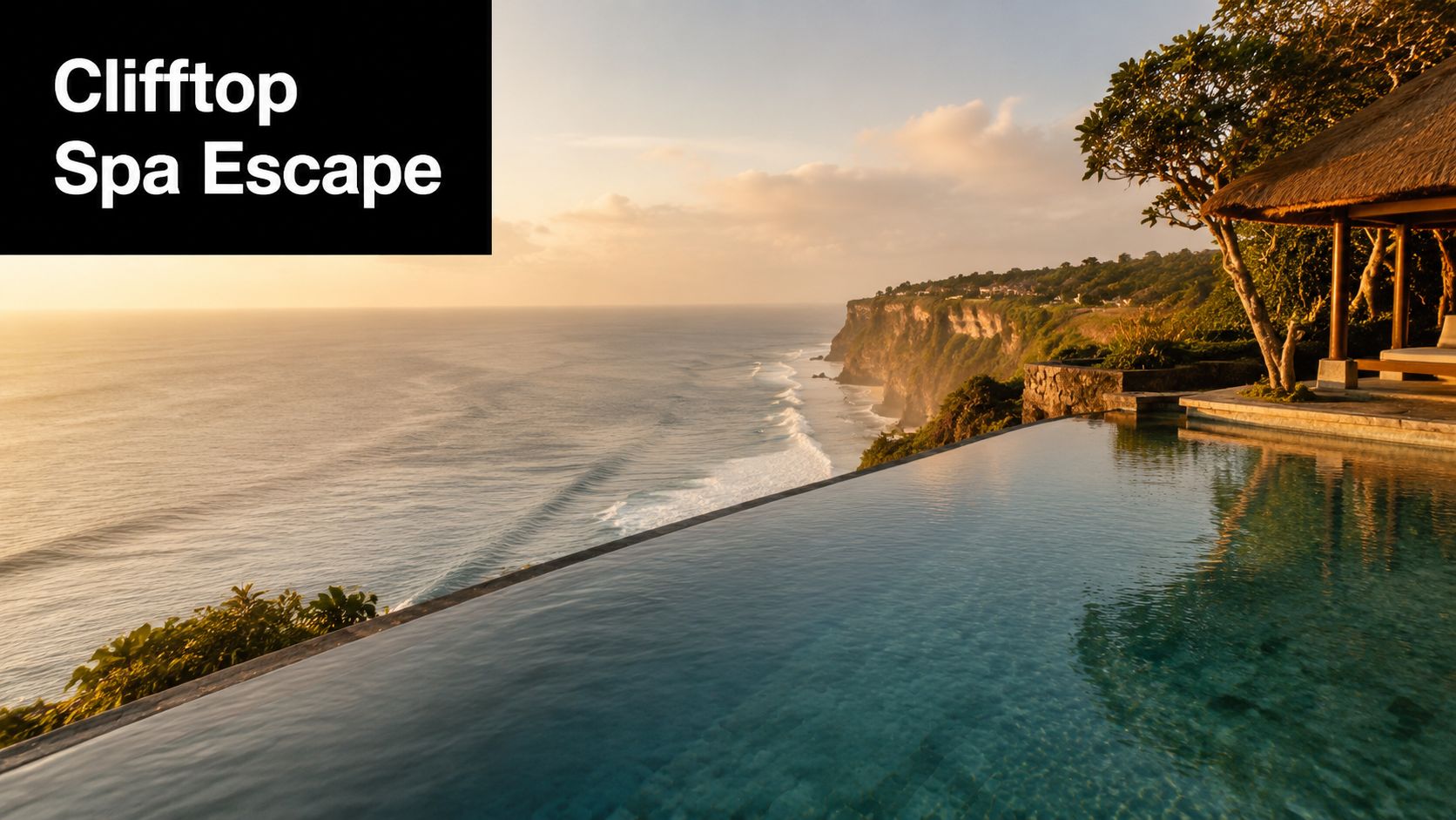 A luxurious infinity pool overlooking a scenic ocean cliffside during a beautiful golden sunset.