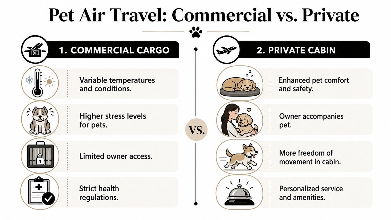 A comparison chart showing the differences between commercial cargo and private cabin travel for pets.