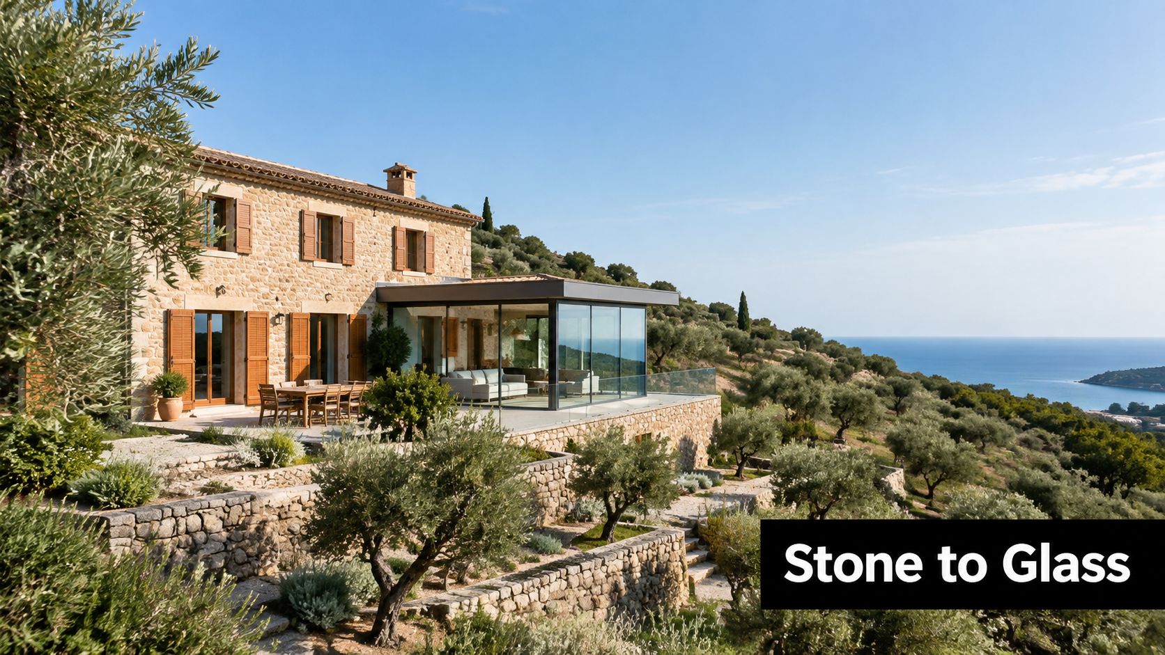 A luxurious stone villa in Mallorca featuring a modern glass extension overlooking the Mediterranean sea and olive trees.