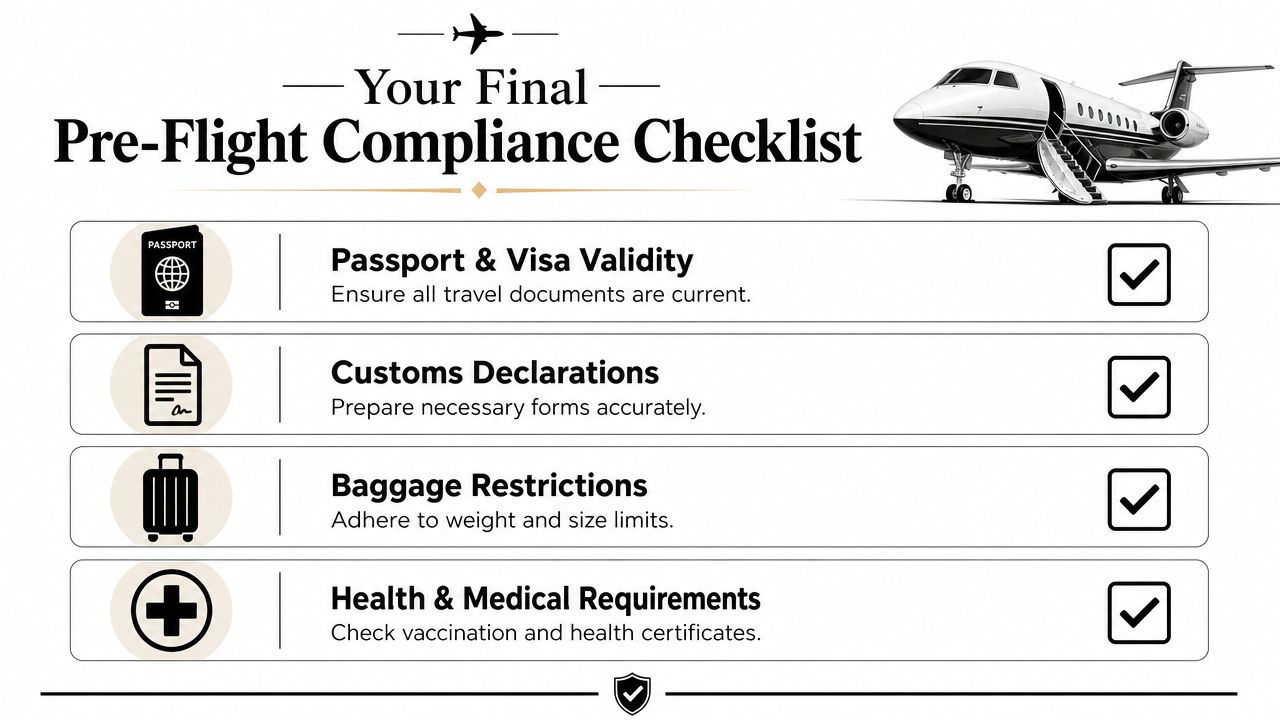 A pre-flight compliance checklist for private jet travel featuring four key document and restriction requirements.