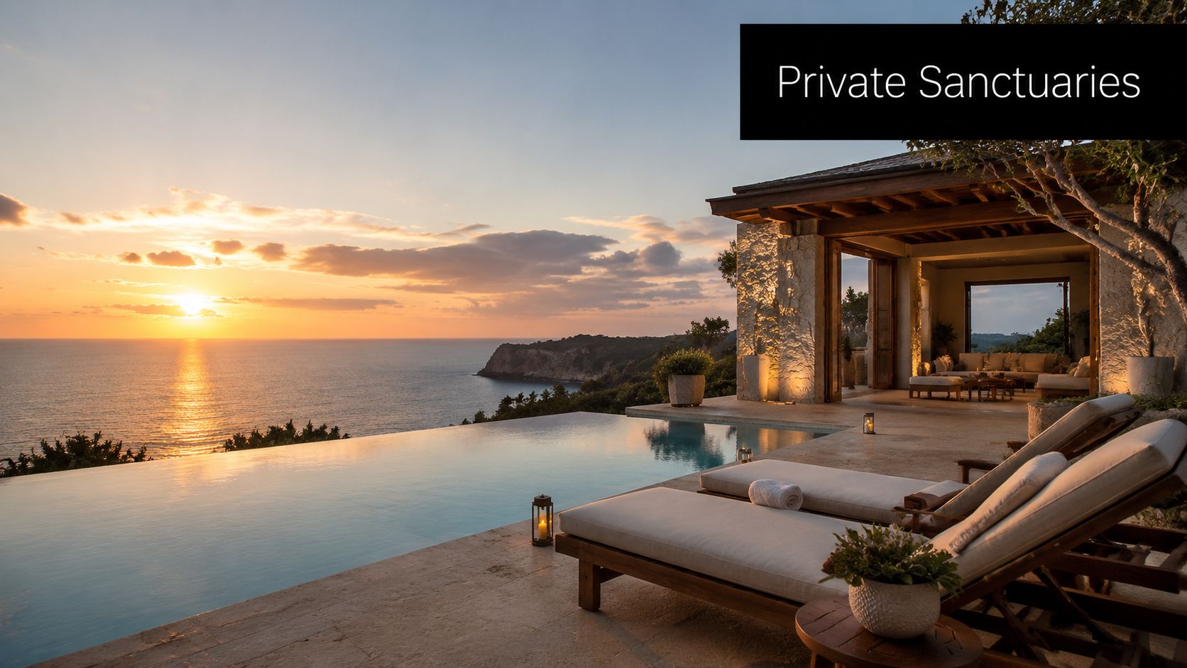 A luxurious villa patio with a private infinity pool overlooking the ocean during a golden sunset.