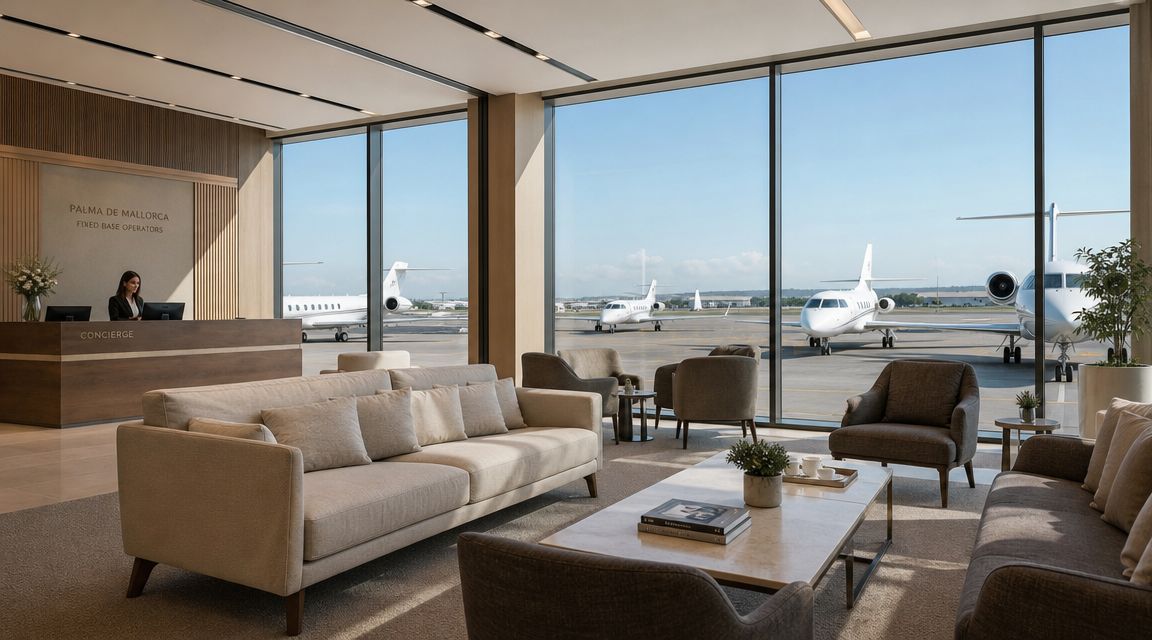 A luxurious airport lounge in Palma de Mallorca with comfortable seating and views of private jets parked outside.
