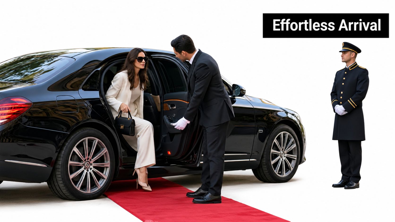 A chauffeur in a black suit opens a car door for an elegant woman arriving on a red carpet.