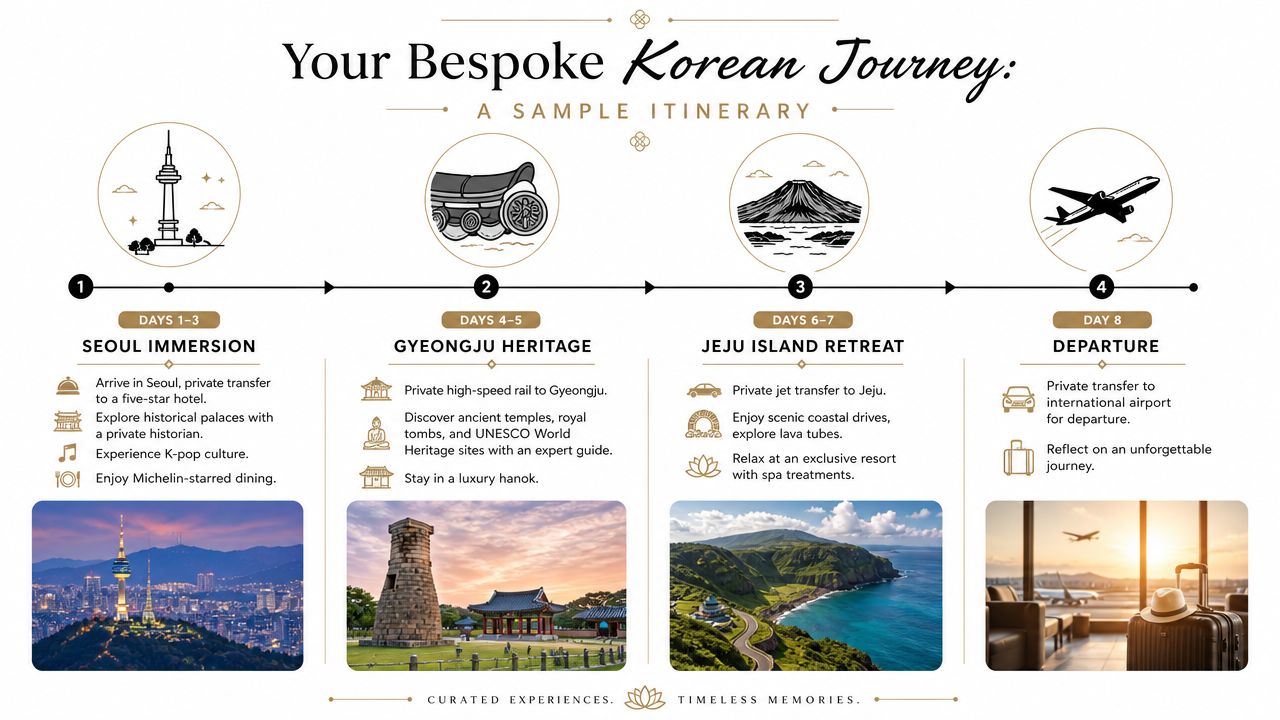 An infographic showing a luxury eight-day bespoke travel itinerary across Seoul, Gyeongju, and Jeju Island in South Korea.